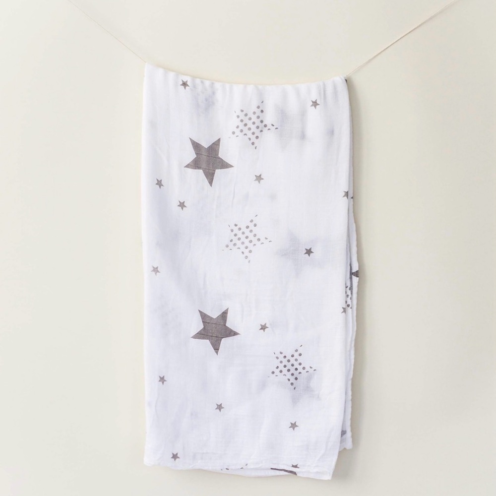 Alpy Baby Bamboo Muslin Swaddle Blanket‎ Cotton Gray White Stars
